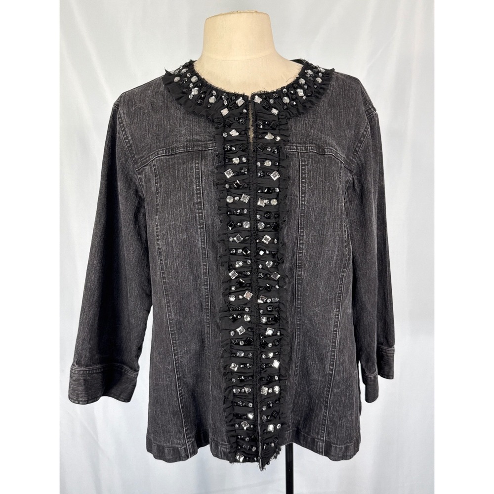 Ruby Rd 20W Black Embellished Denim Jacket Rhinestone Gem Ruffle 3/4 Sleeve‎
